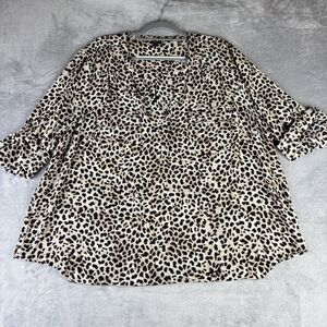 Torrid Harper Blouse Womens 3XL Leopard Print Long Sleeve Button Roll Tab Pocket